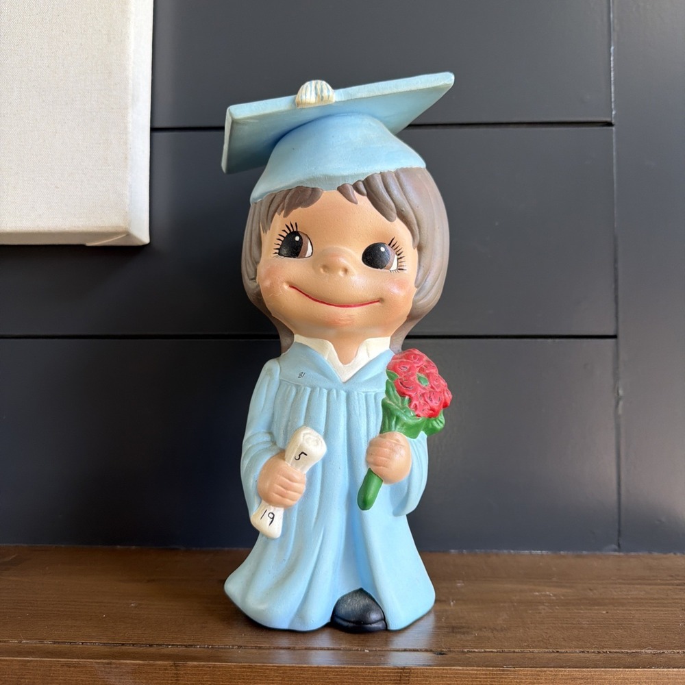 VTG 1970/80 Graduate Smiley Girl Ceramic Atlantic Mold Figurine Hand Paint Blue
